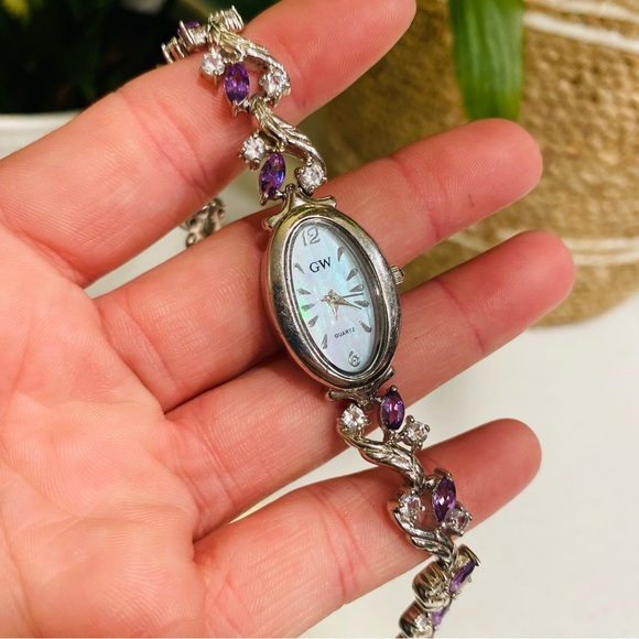 Vintage Gem Watch Sterling Silver Mother Of Pearl Face Amethyst Bracelet 7.5” - Picture 2 of 11